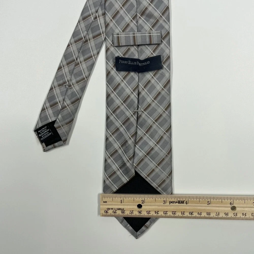 Perry Ellis Grey Plaid Silk Necktie Mens One Size